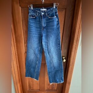 Zara High Rise Wide Leg Raw Hem Blue Jeans